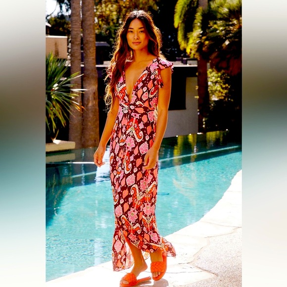 🔥Anthropologie Deep-V Burgundy/Cranberry/Orange/Pinks Maaji Maxi Dress-Medium - Picture 5 of 15